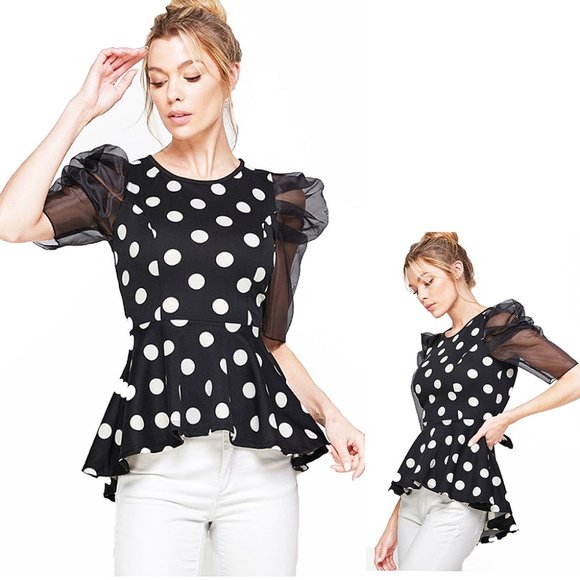 Retro Sheer Puff Polka Dot Blouse Top - Picture 1 of 7